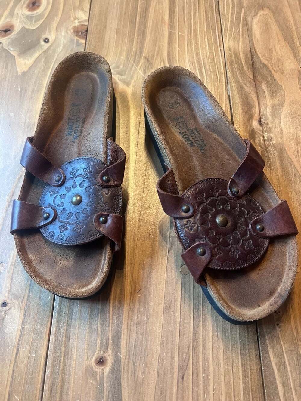 Naot Sandy Tooled Leather Slide Sandals Brown Size EU 40/US 9